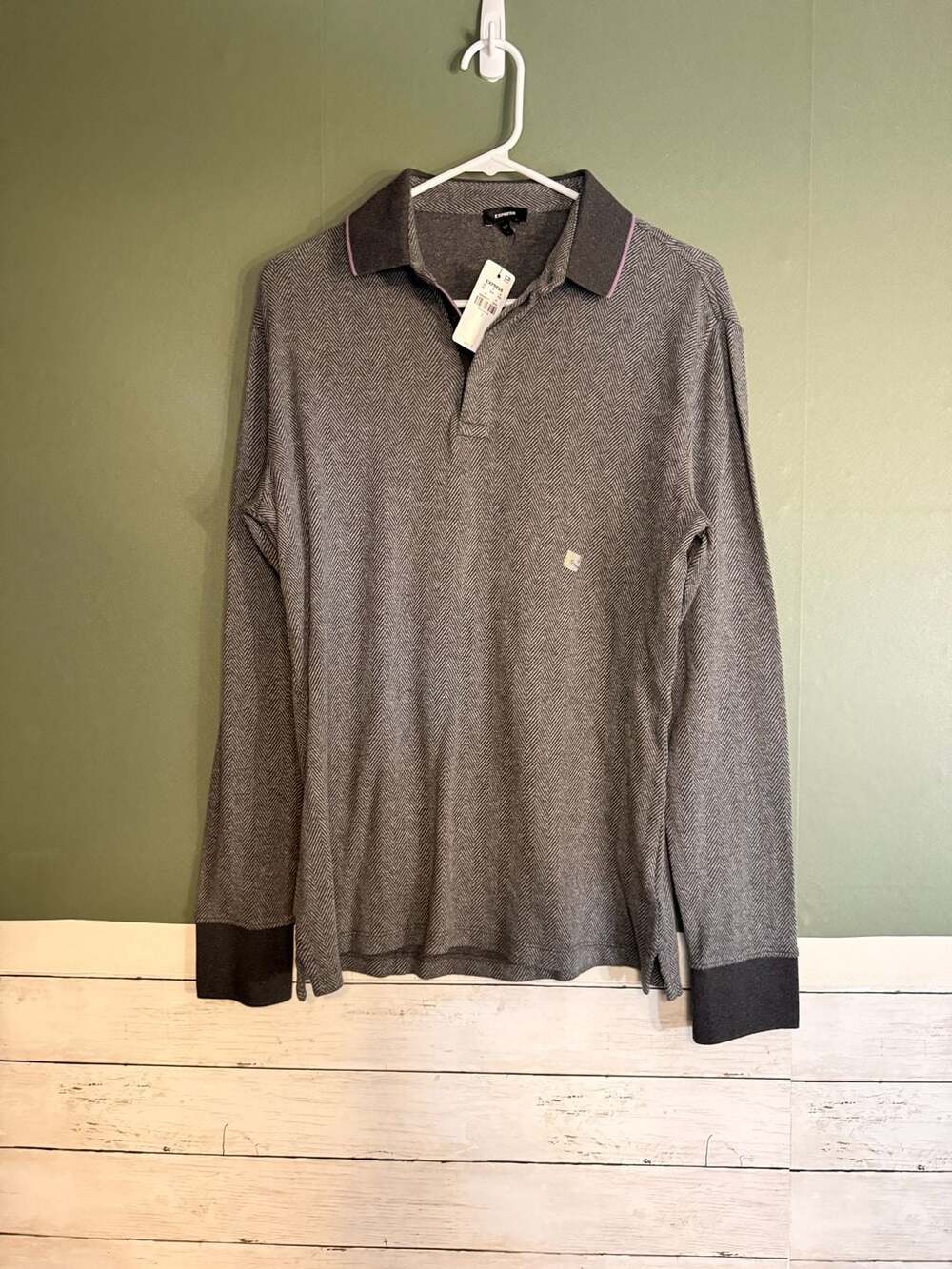NWT Express Long Sleeve Polo Size S Gray Herringbone Cotton